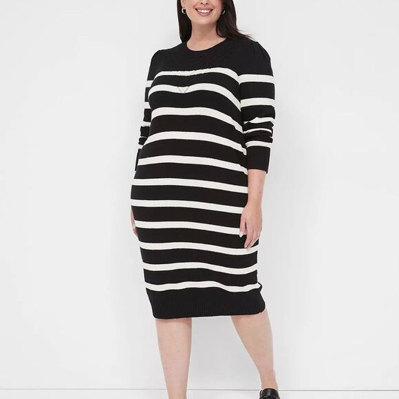 LANE BRYANT - Long Puff-Sleeve Striped Sweater Dress - Picture 1 of 4